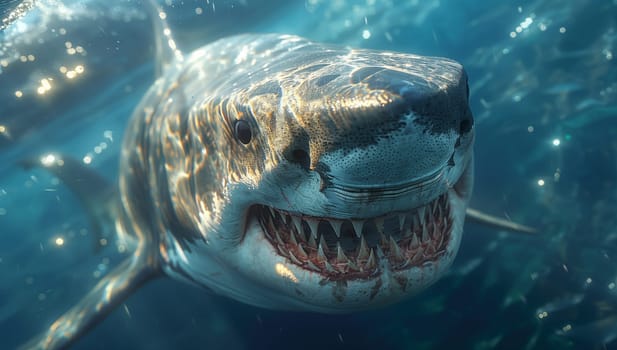 A Lamniformes shark is gracefully swimming in the water, showcasing its jaw with a wide smile as it filters fluid for food, a fascinating organism in marine biology