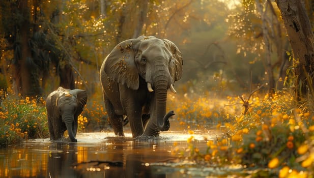 An elephant and a baby elephant are journeying through a river, surrounded by lush greenery. The natural landscape is filled with tall trees, grass, and vibrant plant life