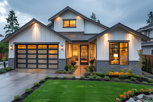 A spacious white house with a large lawn, black garage door, and plenty of green plants. The building stands out against the blue sky, creating a picturesque residential area