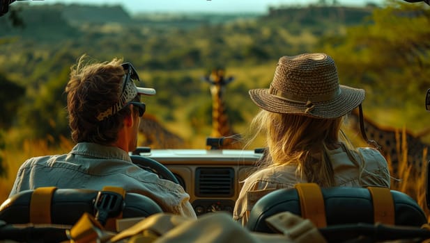 A man and a woman wearing sun hats are sitting in a car, admiring a giraffe in military camouflage, surrounded by a beautiful landscape. It appears to be a recreational travel event