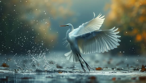 A graceful water bird spreads its wings as it soars over the liquid surface, showcasing its white feathers and elegant beak against the backdrop of the shimmering water below