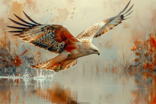 An Accipitridae bird, with its sharp beak and feathered wings, soars over the ecoregions water, showcasing its natural adaptation to the sky as a magnificent organism