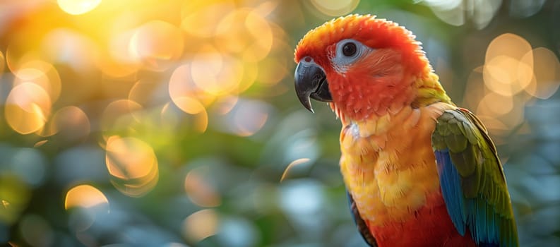 A vibrant parrot with colorful feathers, a sharp beak, and bright eyes, perches gracefully on a tree branch alongside lush green plants