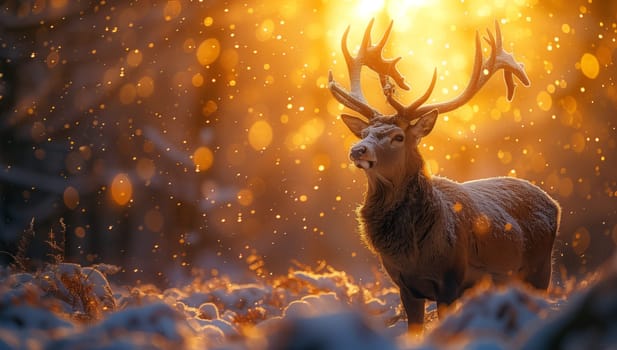 A reindeer stands gracefully in the snow as the sun sets behind it, creating a stunning atmospheric phenomenon in the natural landscape