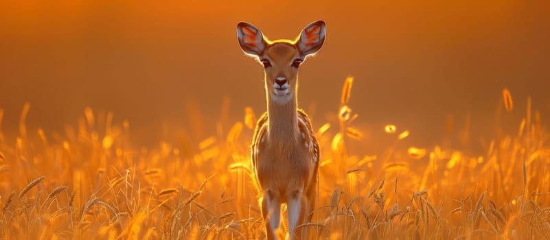 A deer, a terrestrial animal, stands in a grassy meadow, part of the natural landscape. The fawn gazes directly at the camera in the prairie