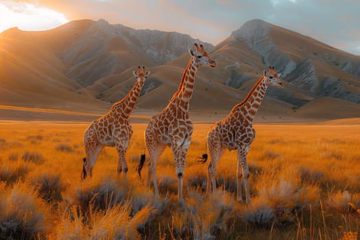 Three Giraffidae are peacefully grazing in a scenic natural landscape with mountains in the background, surrounded by a diverse plant community and a clear sky