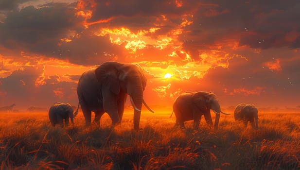 A herd of elephants peacefully grazing in a field at sunset, under a colorful sky filled with clouds, in a stunning natural landscape