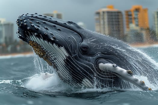 A humpback whale, a marine mammal, is gracefully swimming in the ocean with its mouth open, filtering water to catch small fish and krill