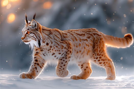 A Lynx, a carnivorous member of the Felidae family, with whiskers and mediumsized cat, is traversing through the snowy terrain in the wild
