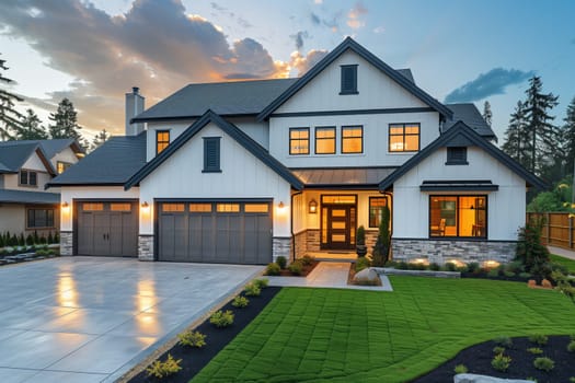 A stunning black and white house with a spacious driveway, surrounded by vibrant green grass and beautiful trees under a clear blue sky