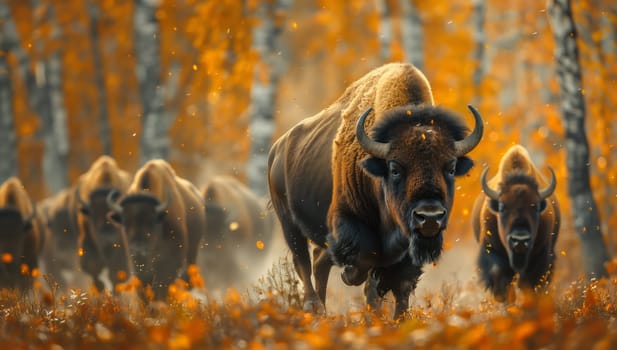 A group of bison, including bulls and fawns, journey through a autumn forest, grazing on grass as they move through the natural landscape