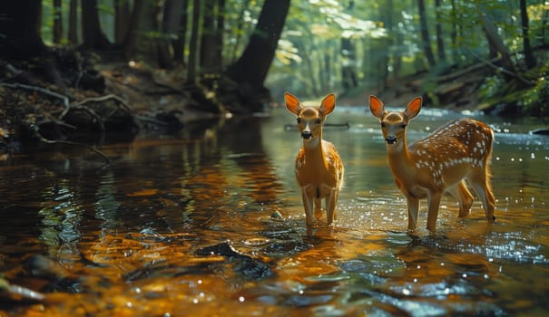 Two deer are enjoying the water in a stream within a beautiful woodland biome, surrounded by trees, grass, and other natural landscape elements