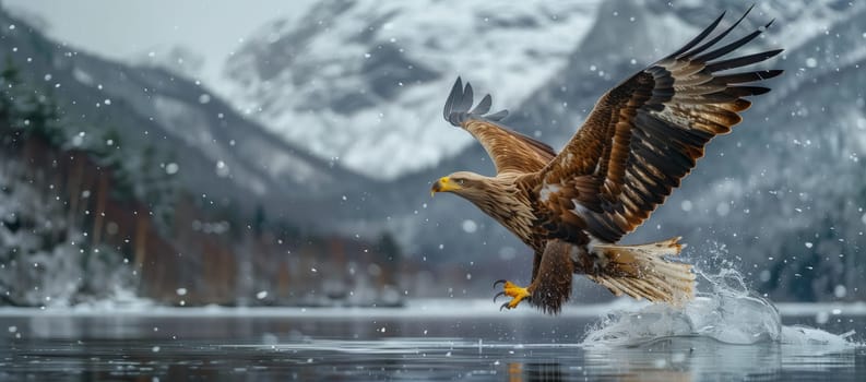 An Accipitridae bird, specifically a bald eagle from the Accipitriformes order, is soaring over a snowy lake with its impressive wings spread against the winter sky