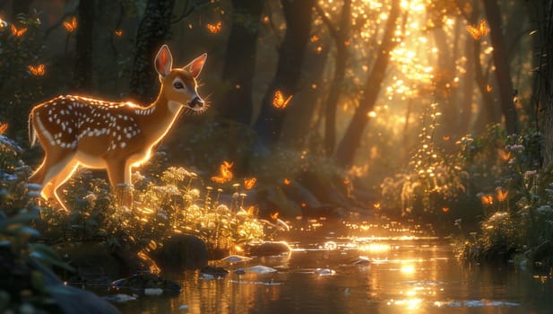 A fawn is grazing peacefully next to a stream in the natural landscape of the woods, surrounded by grass and plants, under the darkness of the night sky