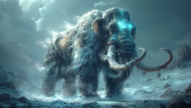 A mammoth is standing in the snowy mountains, surrounded by a stunning natural landscape. The sky is filled with clouds, creating a mystical atmosphere