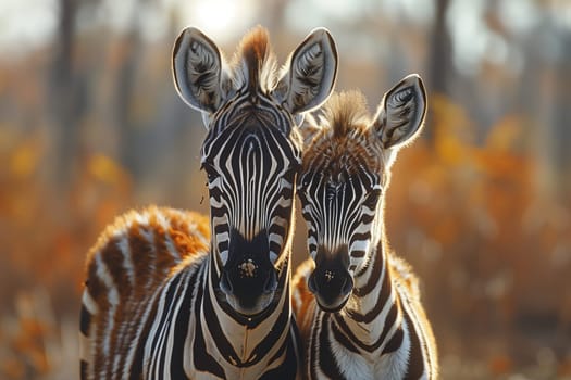 Two zebras, terrestrial animals with distinctive black and white stripes, stand closely together in a grassland landscape, showcasing their adaptation to the wild