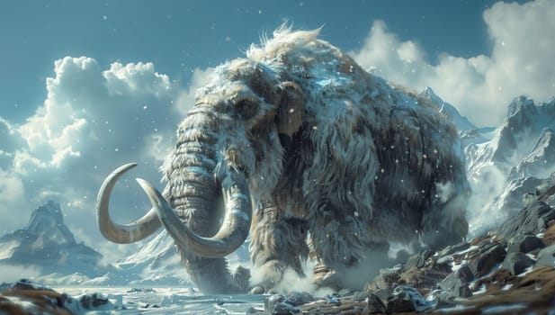 A majestic mammoth strolling through snowy mountains under a cloudy sky, creating a beautiful natural landscape with trees and cumulus clouds