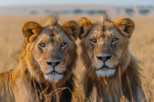Two Masai lions, big cats of the Felidae family, stand next to each other in a field surrounded by nature. With whiskers twitching, they eye a fawn grazing nearby in their terrestrial habitat