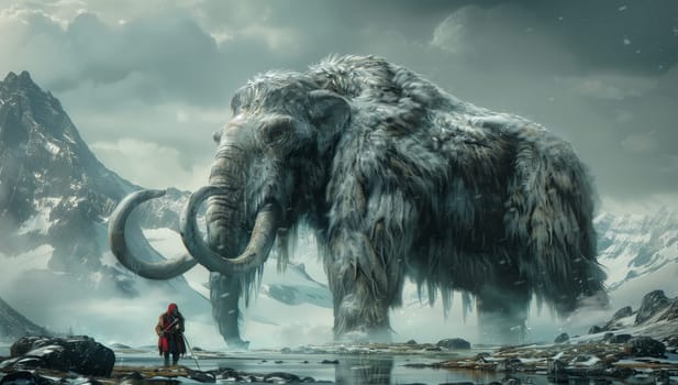 A man is standing next to a giant mammoth in a snowy landscape, under a cloudy sky. The scene looks like a painting inspired by a fictional character in a snowy event