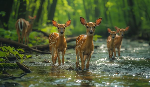 A group of deer wading in a forest stream surrounded by lush vegetation and grass, showcasing the beauty of the natural landscape