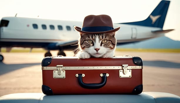 Traveler cat at airport, private jet awaits. Cat adorned with stylish hat sits atop suitcase, evoking sense of companionship in travel