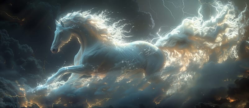 A mythical creature resembling a white horse is soaring through the electric blue sky in the clouds, creating an artistic and fictional scene of wonder and magic