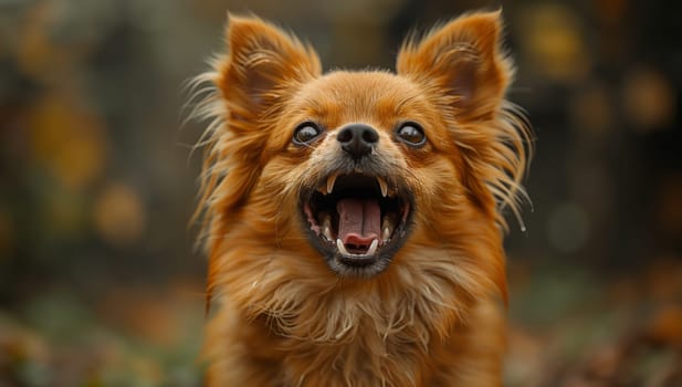 Close up of a Chihuahua, a small dog breed known for its companion dog qualities. With its mouth open, showing carnivorous teeth and whiskers