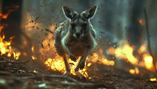 A terrestrial animal with a snout resembling a dog breed is running through a forest of fire at midnight. This surreal event blends fiction, supernatural creatures, art, darkness, and intense heat