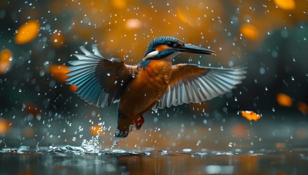 A water bird with electric blue feathers is flying gracefully over a body of water in the rain, its wings beating steadily and its beak glistening with liquid droplets