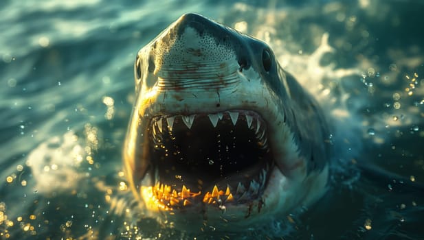 A great white shark is swimming in the water, displaying its powerful jaw and sharp fangs as it moves gracefully through the natural ocean landscape