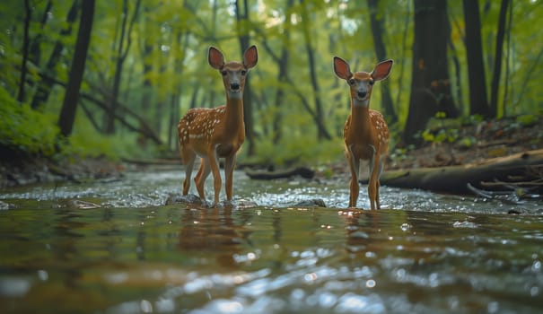 Two deer are peacefully standing in a stream surrounded by lush green plants and grass in the natural landscape of the woods, showcasing the beauty of a fluvial landform