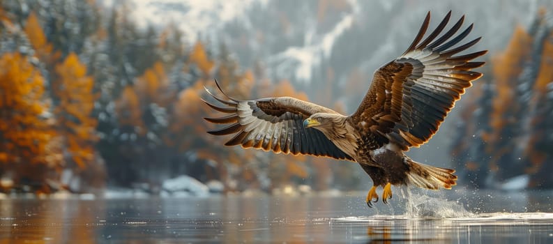 A majestic bird of prey from the family Accipitridae, the bald eagle soars gracefully over the shimmering water of a lake with its powerful wings and sharp beak