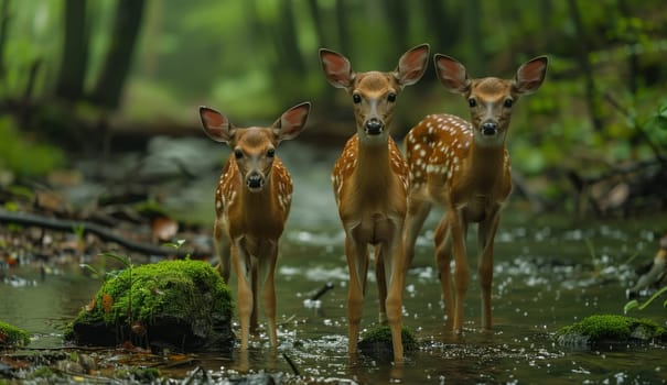 Three fawns are standing in the stream among the natural landscape of the woods, with grass and plants surrounding them