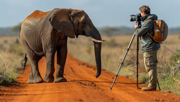 A man is photographing an Indian elephant, a working animal, on a dirt road against the backdrop of a scenic landscape and clear sky