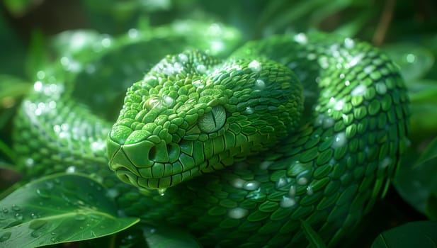 A closeup photo of a snake among green leaves, showcasing the interaction between a terrestrial animal and plant life. The scaled reptile blends in with the natural groundcover