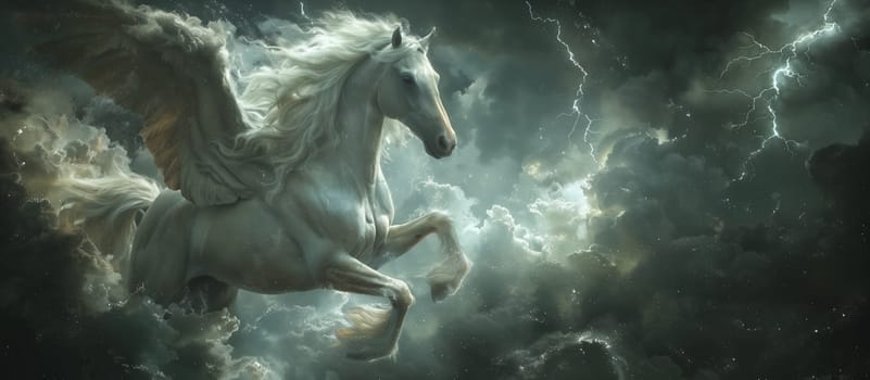 A mythical white horse with wings is soaring through the cloudy sky, resembling a majestic creature from a fictional story set in a midnight sky