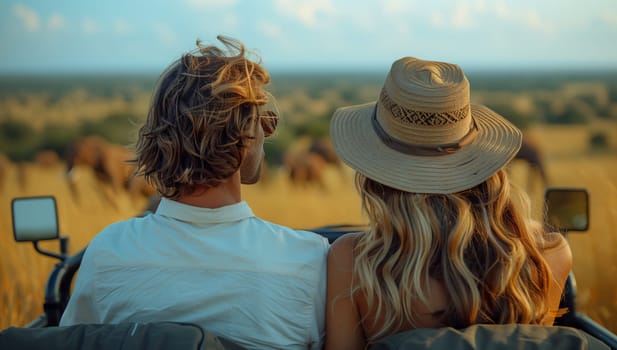 A man and a woman wearing sun hats are sitting in a car, admiring the animals in the field under the clear blue sky. They seem happy and are making gestures of enjoyment during their leisure travel