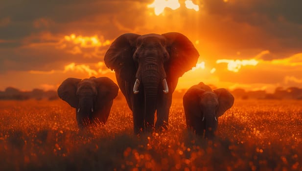 Three elephants traverse a grassy field under the colorful sky at sunset, creating a picturesque scene in the natural landscape