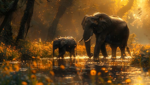 Two elephants gracefully traverse the river in the natural landscape of the wooded area. The scene is a perfect subject for a painting, with the grasslands surrounding them