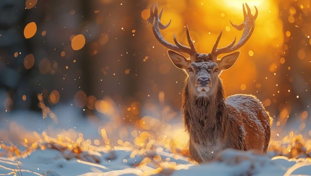 A deer, a terrestrial organism, is resting in the snowcovered natural landscape of the woods. Its horns and fur blend with the white landscape, showcasing wildlife in its natural habitat