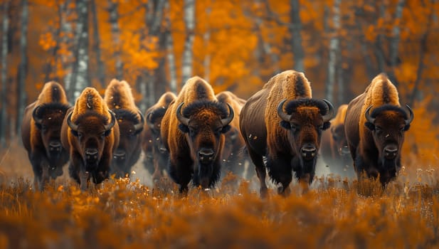 A group of bison, including bulls and calves, roaming in a grassy meadow within a woodland ecoregion. These terrestrial animals with strong snouts graze peacefully in their natural landscape