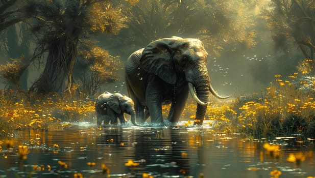 A mother elephant and her baby are crossing a river, surrounded by a natural landscape with trees, plants, and grass. They are working animals in the forest by the lake