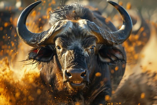 A closeup of a wild water buffalo, a terrestrial animal with powerful horns and a distinctive snout, running freely in its natural environment