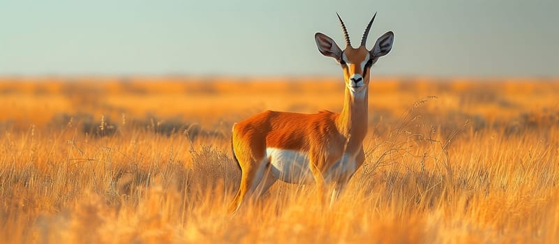 A gazelle, a terrestrial animal, is standing in a natural landscape of tall grass. The deer is looking directly at the camera in a grassy meadow