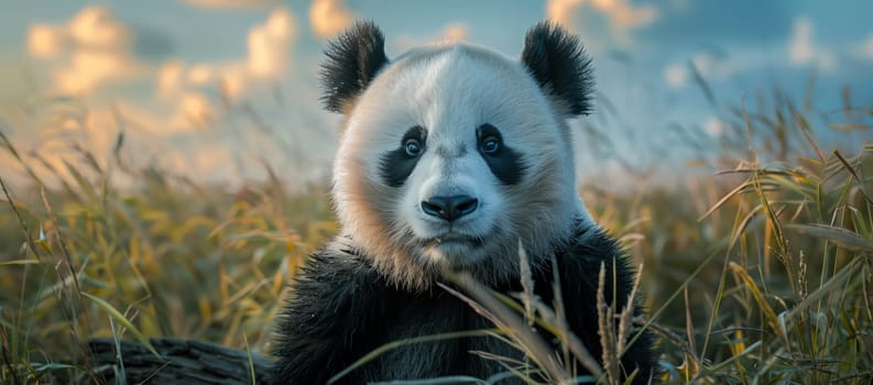 The Panda, a carnivorous terrestrial animal, sits in a field of tall grass, its fur blending with the natural landscape. Its snout points towards the sky, surrounded by fluffy clouds