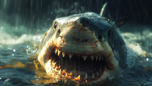 A marine organism, the shark, with its jaw open, swims underwater, showing its fangs. The fluid environment of the water surrounds its smile