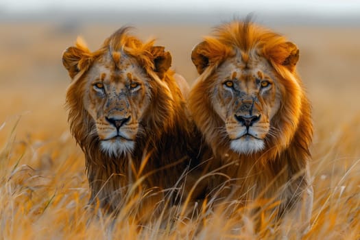 Two Masai lions, Felidae carnivores and big cats, are standing together in a field of tall grass. They are terrestrial animals with whiskers, adapted for hunting prey like fawns