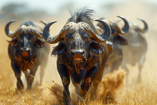 A group of buffalo, including a bull, are galloping across a grassy landscape. Their horns and snouts contrast against the natural material as they move through the grassland