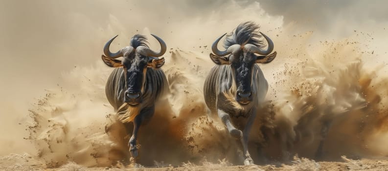 Two wildebeest, working animals, are galloping through a sandy field, a terrestrial landscape. Their snouts are raised as they move as a pack, creating a picturesque event in the open soil