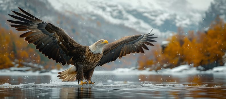 A magnificent bald eagle, a bird from the Accipitridae family in the Falconiformes order, is soaring gracefully over a shimmering lake with its impressive wings spread wide